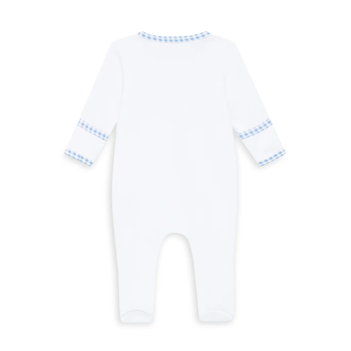 White baby onesie with blue trim on a white background