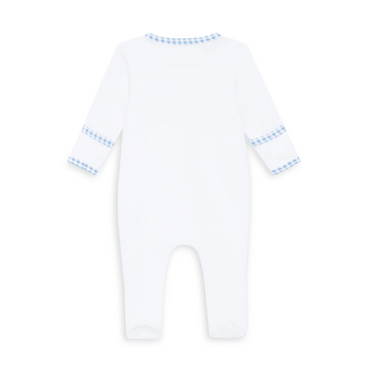 White baby onesie with blue trim on a white background