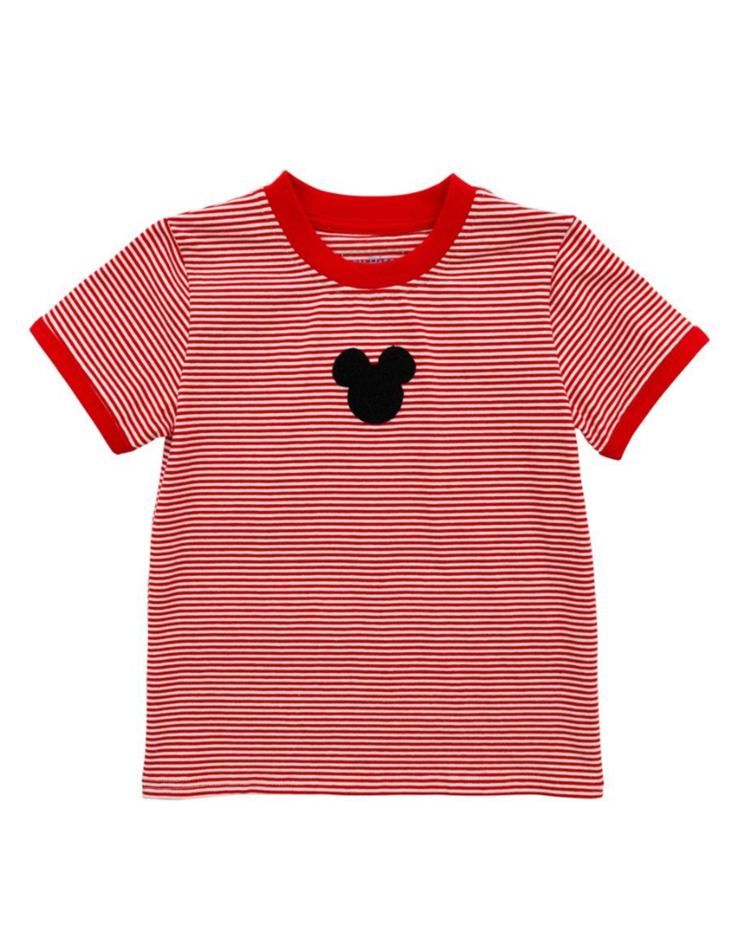 Red and white striped t-shirt with a black Mickey Mouse head design on a white background