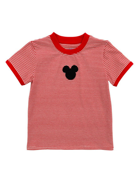 Red and white striped t-shirt with a black Mickey Mouse head design on a white background