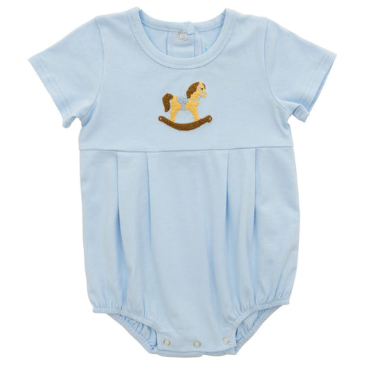 Light blue baby romper with a rocking horse design on a white background