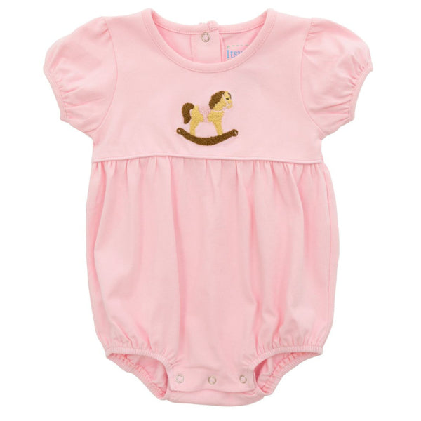 Pink baby romper with a rocking horse design on a white background