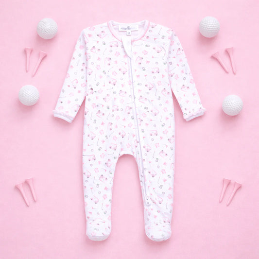 White baby onesie with pink floral pattern on a pink background