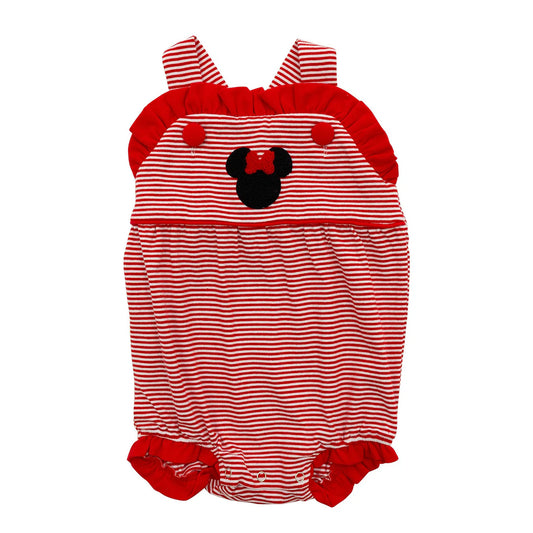 Red and white striped baby romper with a character face on a white background