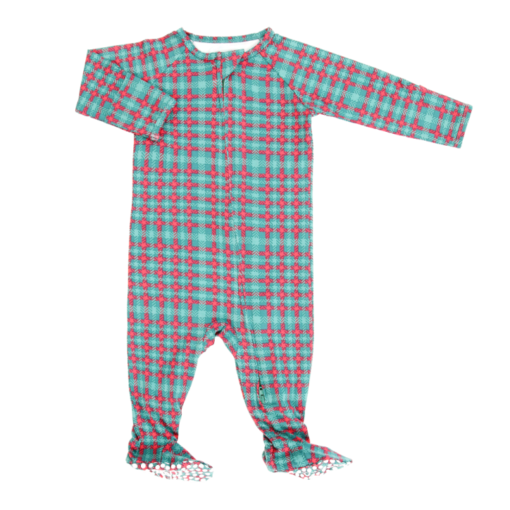 Green Tartan Holiday Zipper Footie