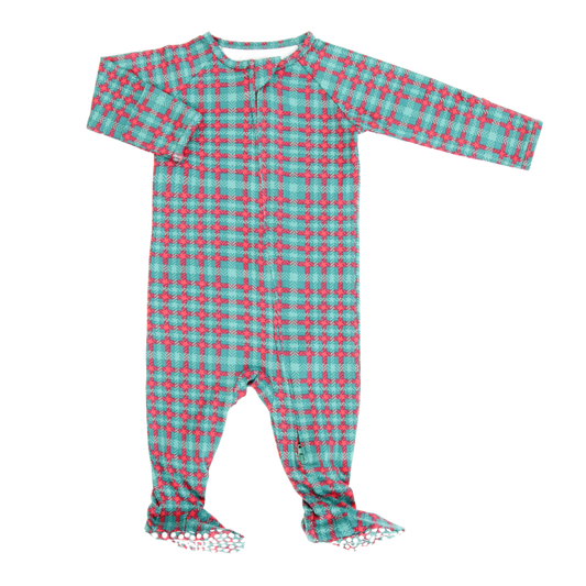 Green Tartan Holiday Zipper Footie