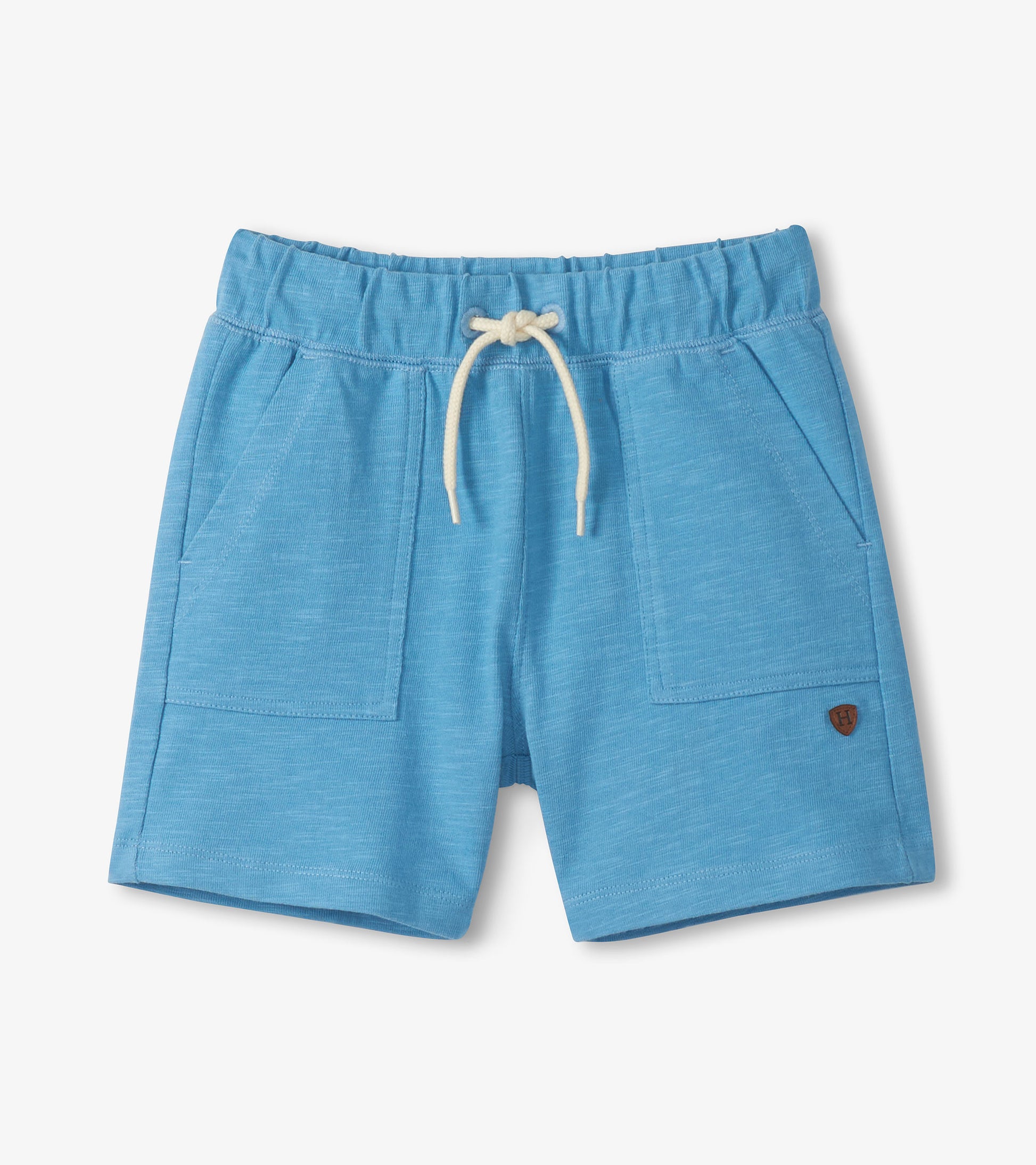 Blue shorts with a drawstring on a light gray background