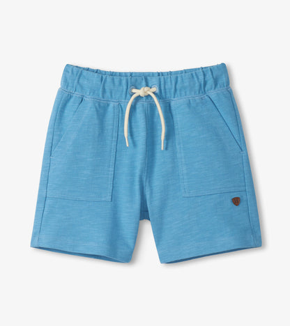 Blue shorts with a drawstring on a light gray background