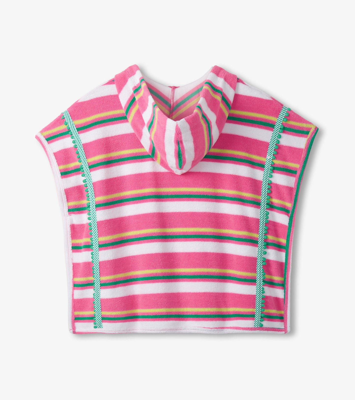 Pink and white striped poncho with colorful trim on a white background