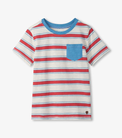 Striped t-shirt with a blue pocket on a white background