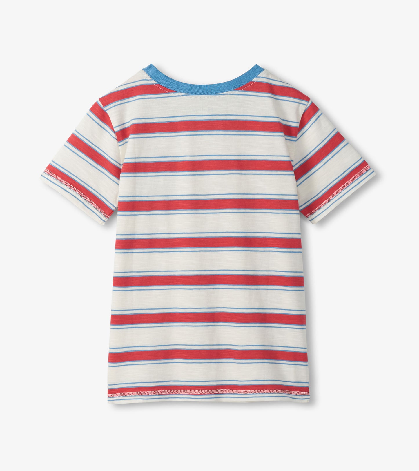 Striped shirt with red, white, and blue colors on a light gray background