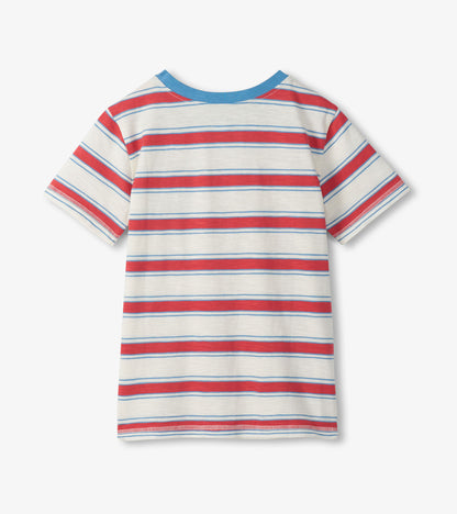 Striped shirt with red, white, and blue colors on a light gray background