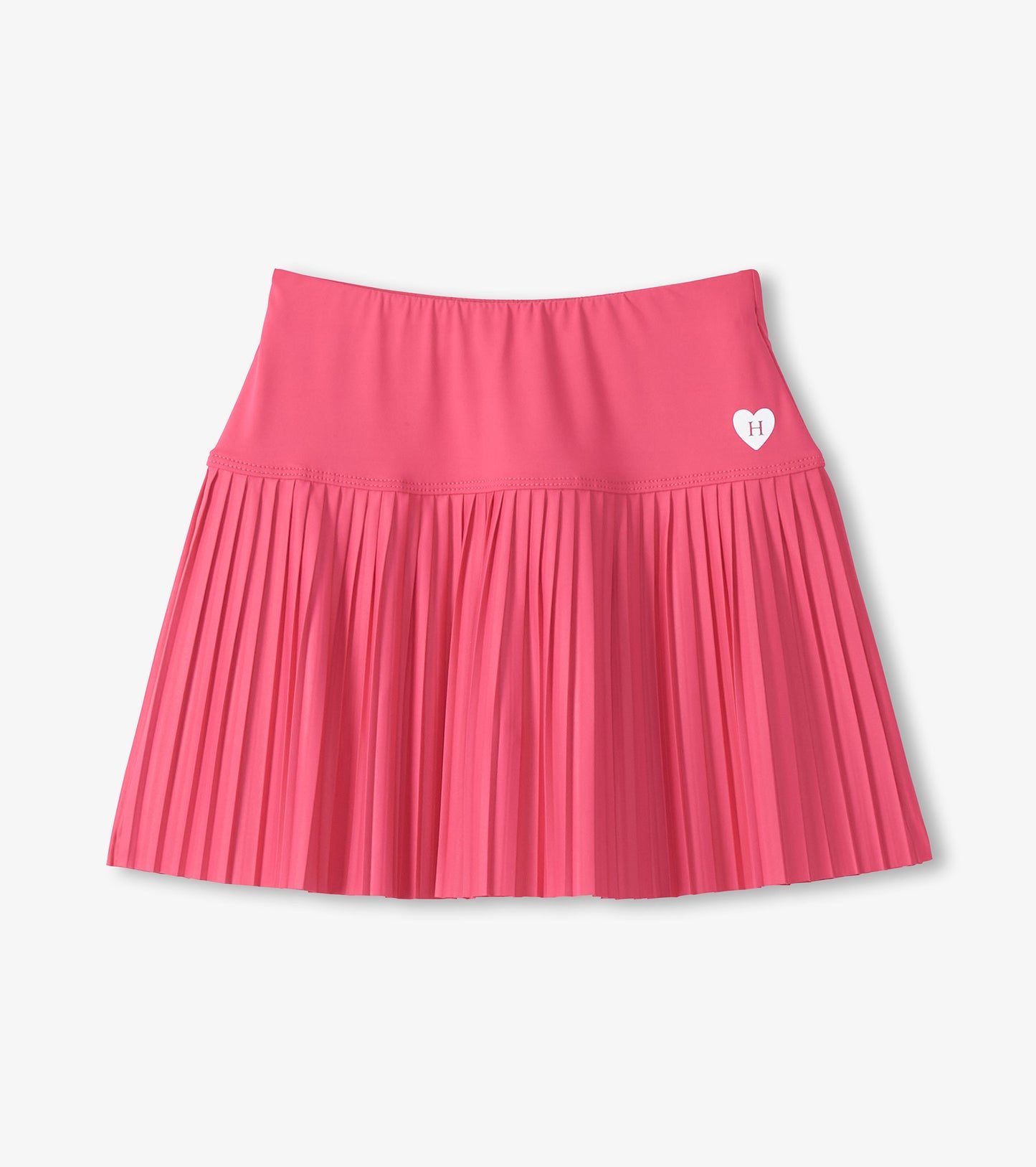 Pink pleated skirt with a heart logo on a light gray background