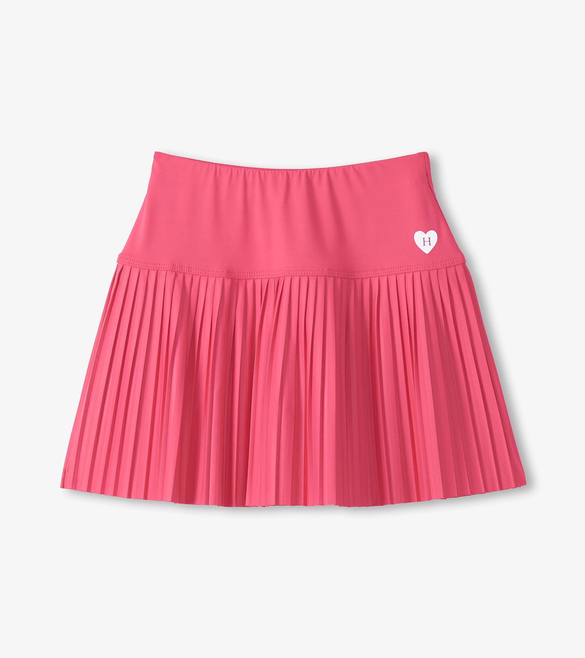 Pink pleated skirt with a heart logo on a light gray background