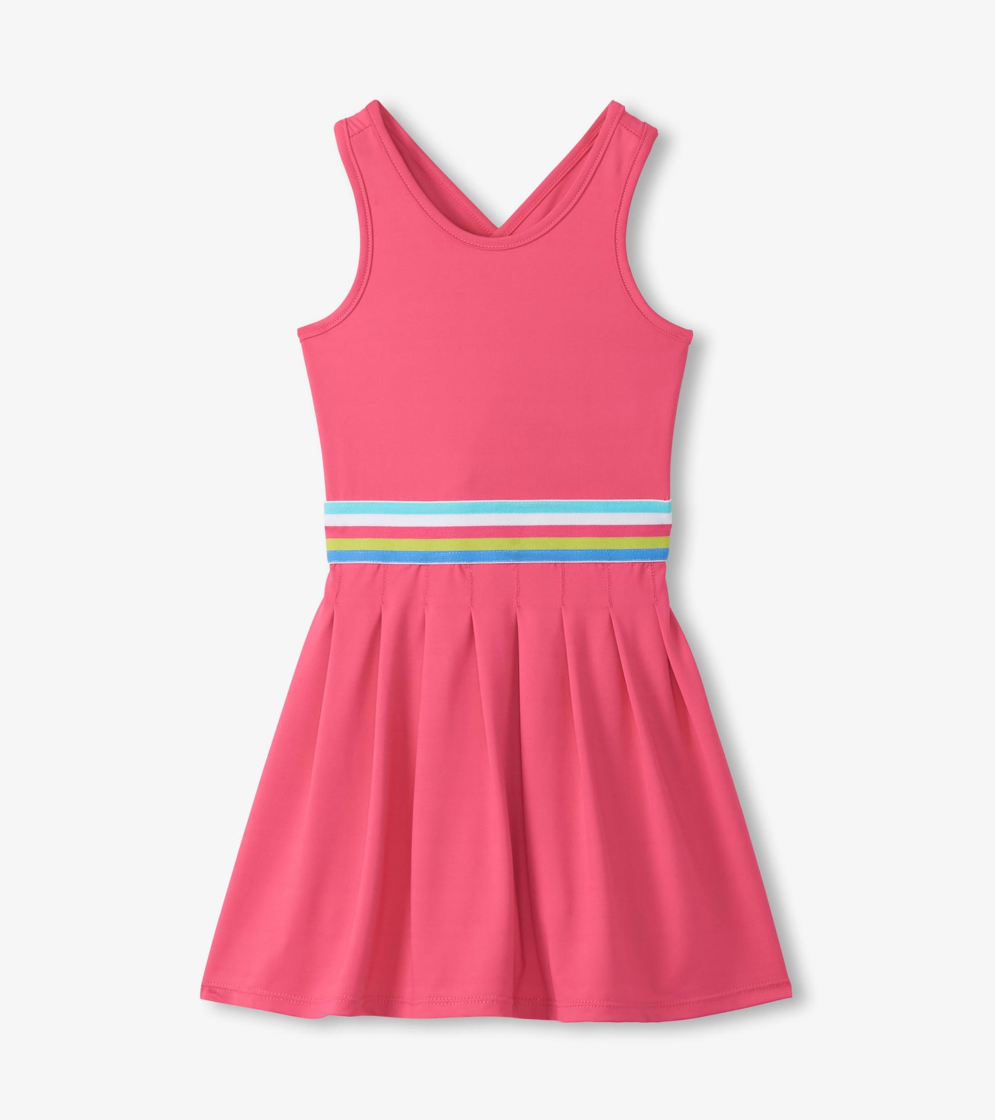 Pink dress with a colorful striped waistband on a white background