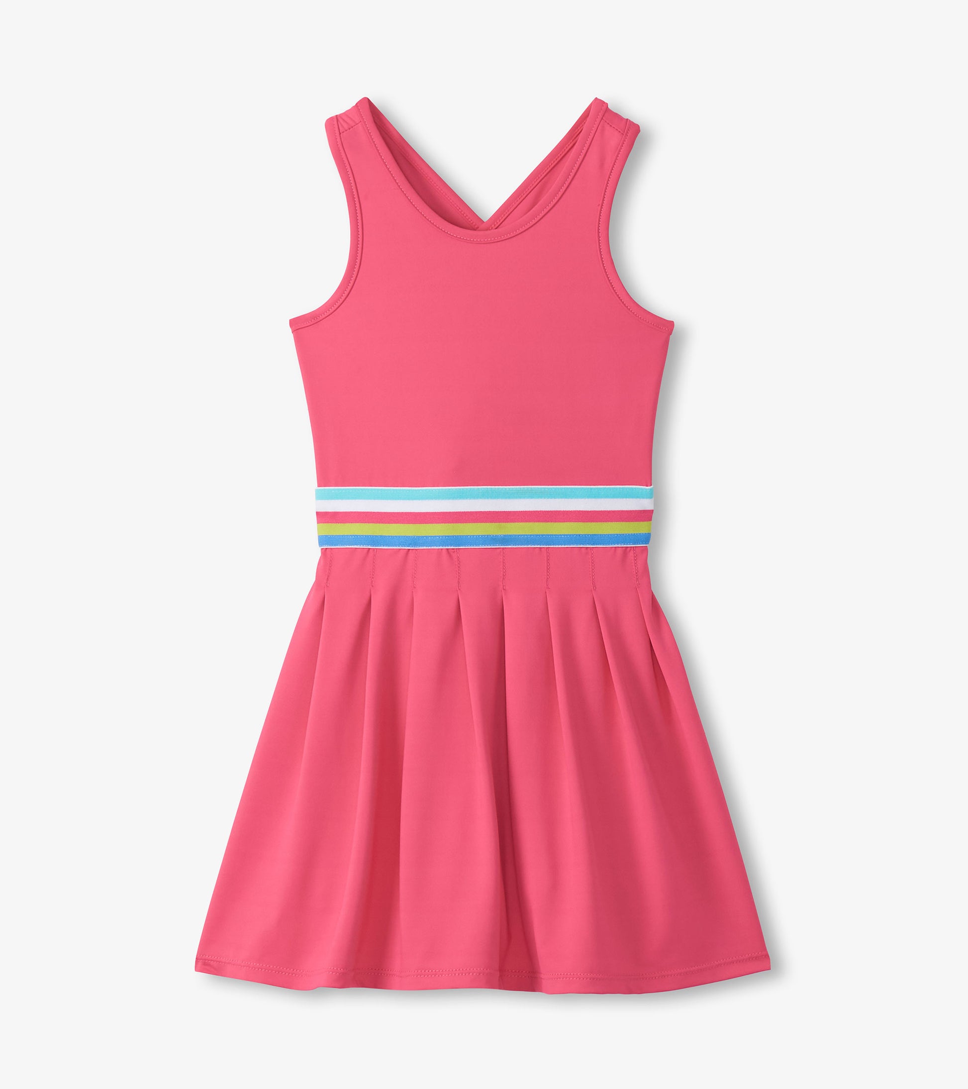 Pink dress with a colorful striped waistband on a white background