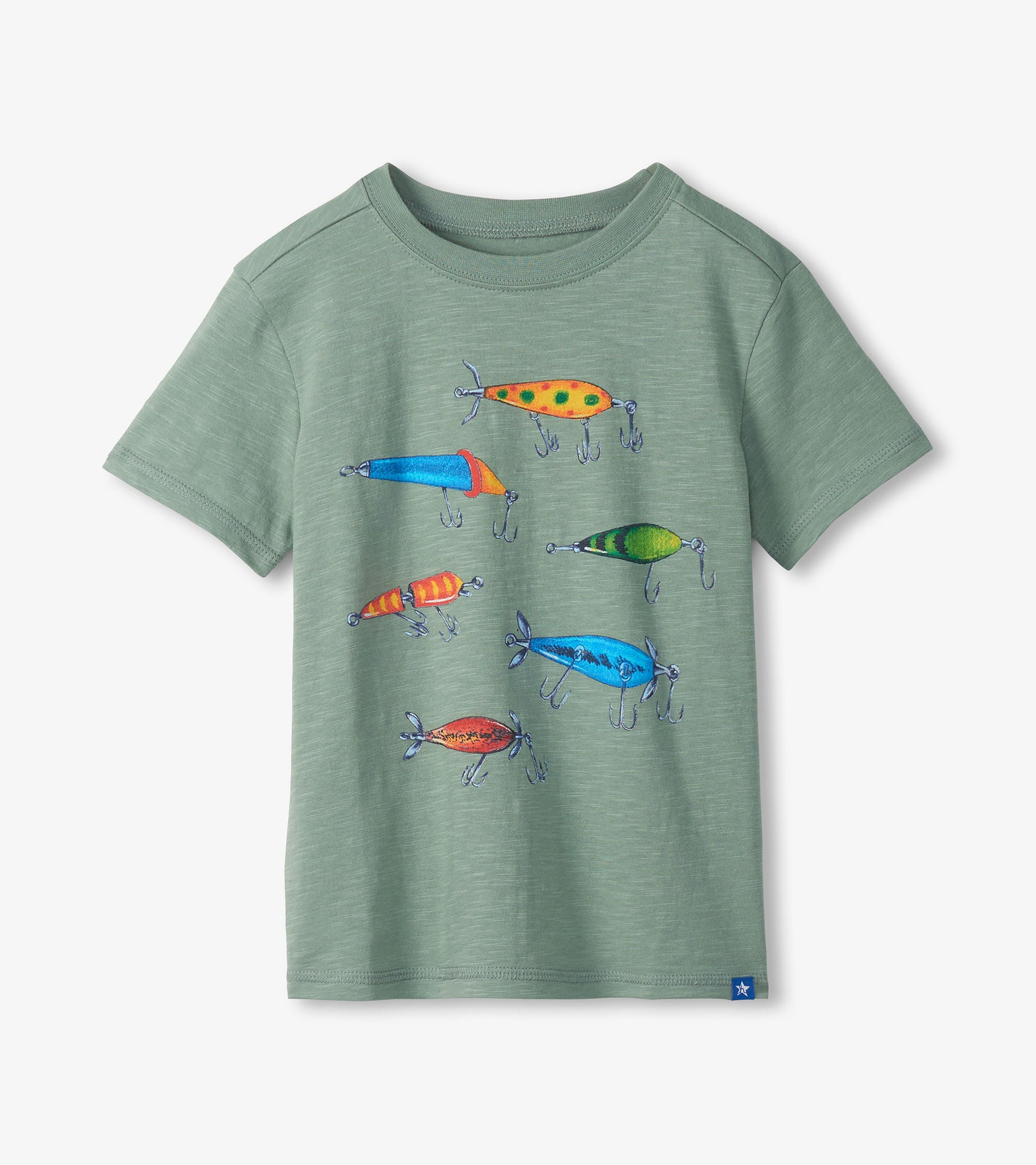 Green t-shirt with colorful fishing lure designs on a white background