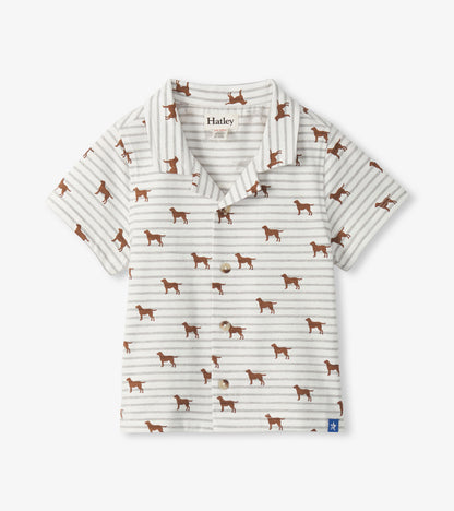 Children's polo shirt with dog pattern on a white background