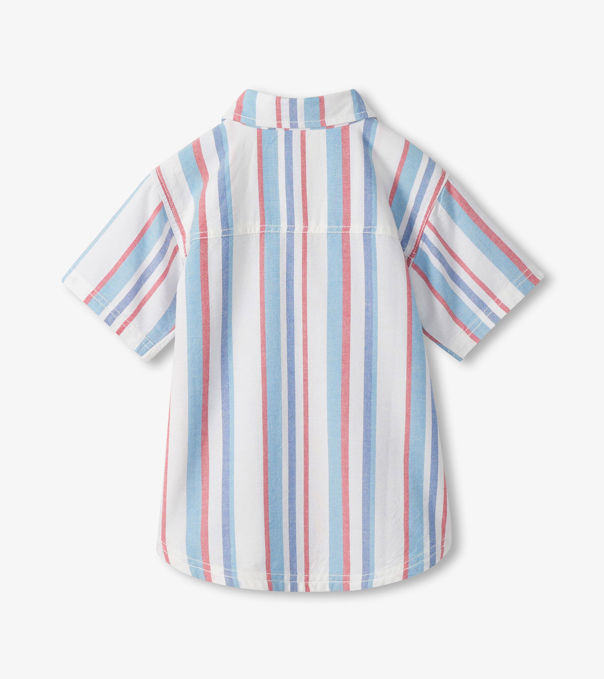 Striped shirt with red, blue, and white pattern on a white background