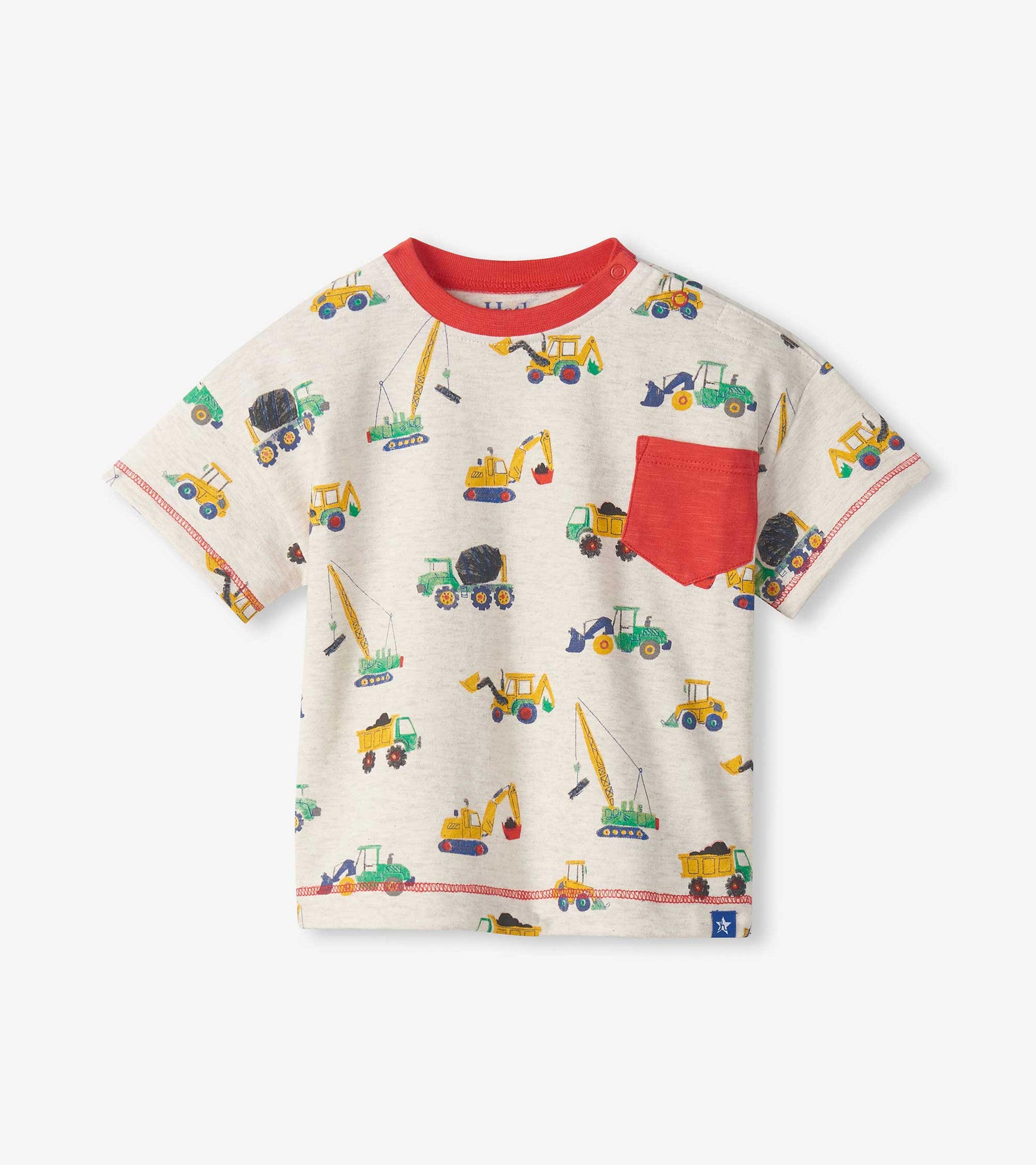 Children's t-shirt with construction vehicle pattern on a white background
