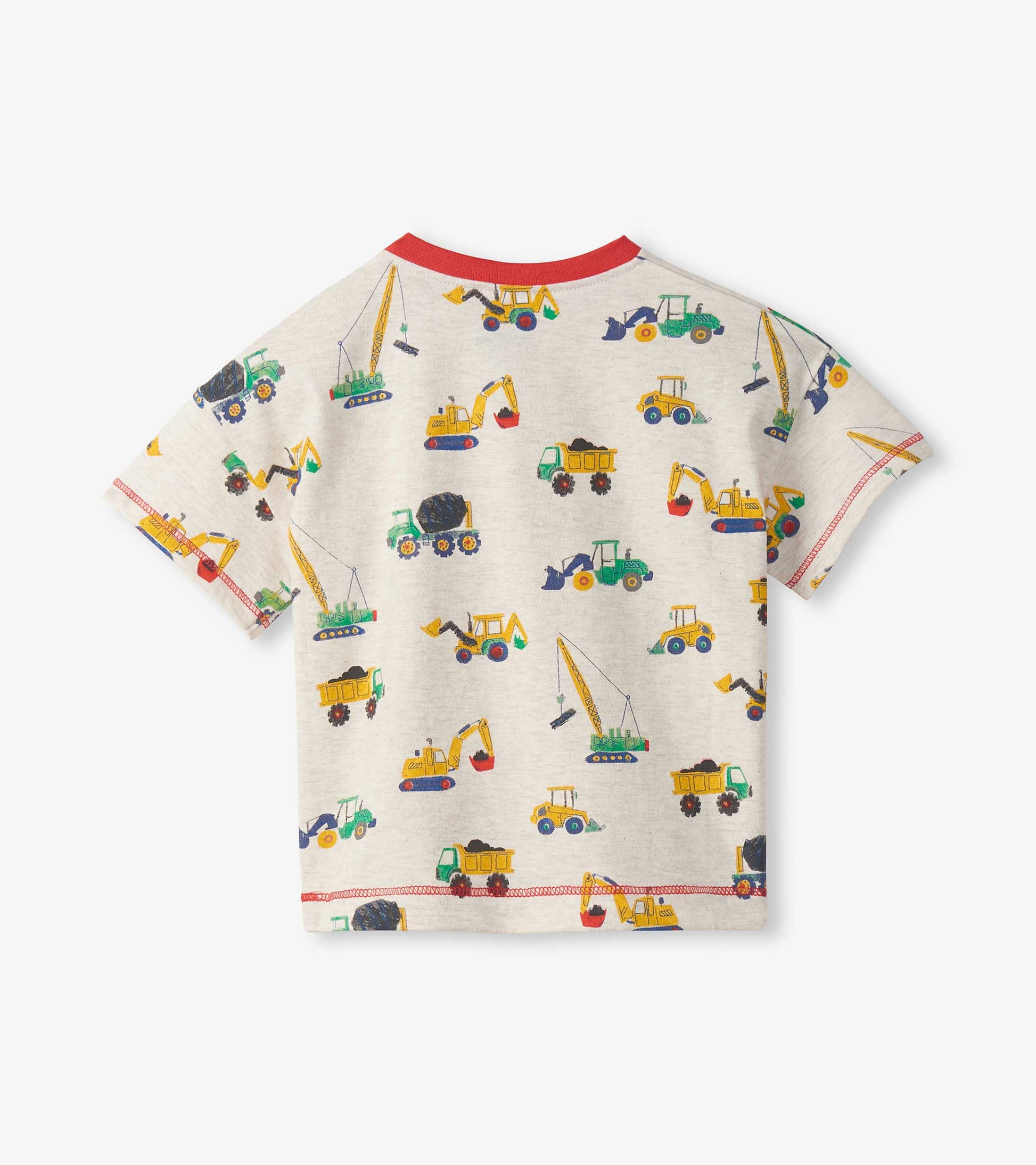 Children's t-shirt with construction vehicle pattern on a white background