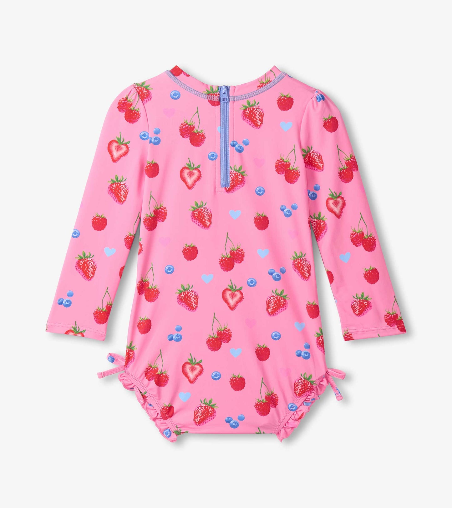 Pink children's swimsuit with strawberry pattern on a white background