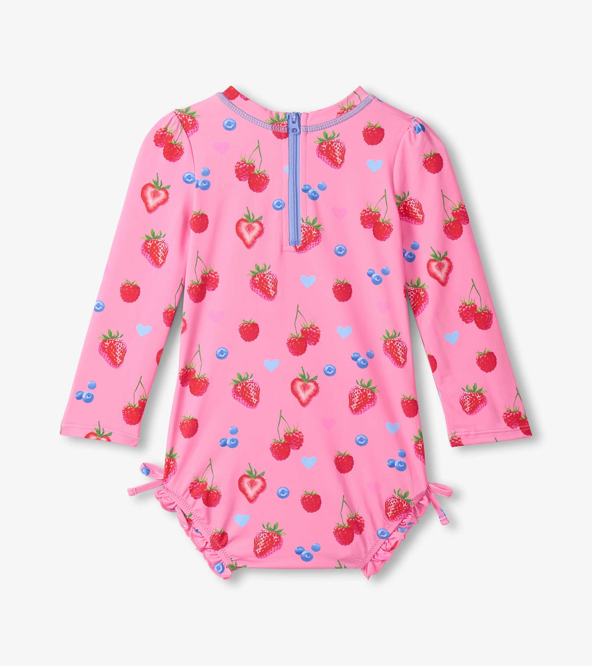 Pink children's swimsuit with strawberry pattern on a white background