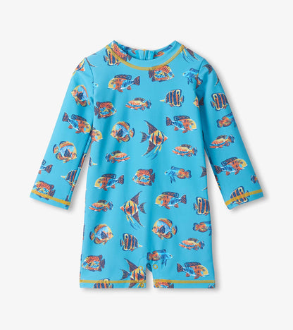 Children's swimsuit with fish pattern on a blue background