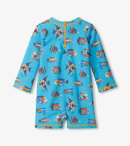 Children's swimsuit with fish pattern on a blue background